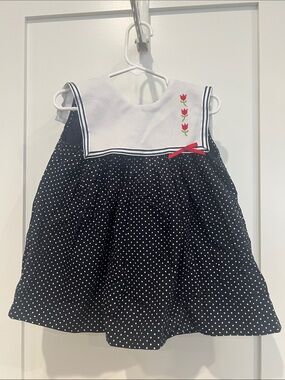 Girls Navy Polka Dot Sailor Dress with White Yoke and Red Accents